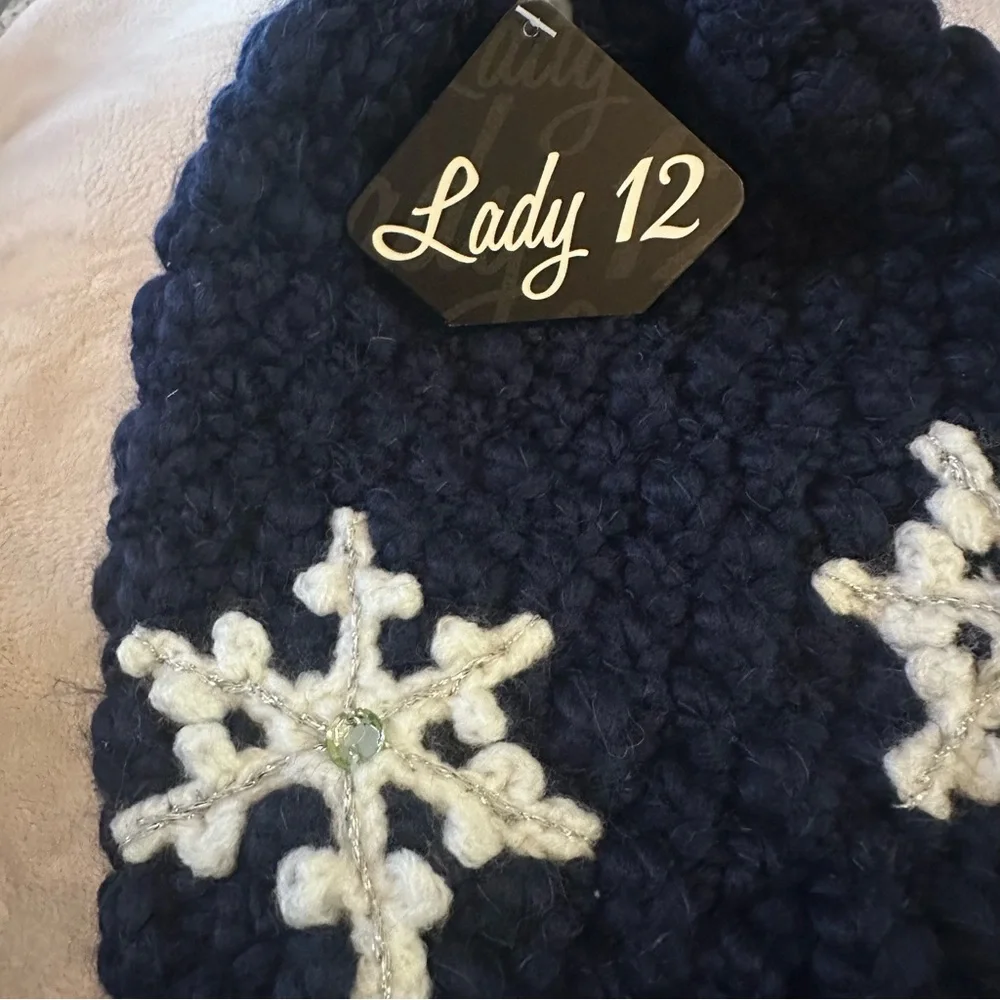 Navy Blue Snowflake Knit Hat and Fingerless Glove / Mittens Set